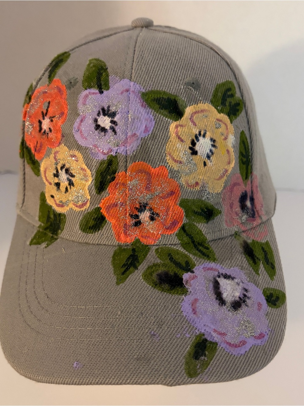 Hand-Painted Floral Baseball Cap - Gray with Multicolor Flowers